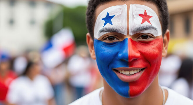 Celebrating Panama Independence Day with face paint featuring Panama Independence Day colors on happy man. Commemorating Panama Independence Day, man’s visage represents patriotism and pride, - Powered by Adobe