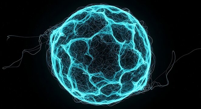Abstract glowing sphere with intricate network of lines and energy trails.
