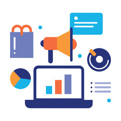 Flat vector digital marketing concept illustration with icons and charts isolated on white background