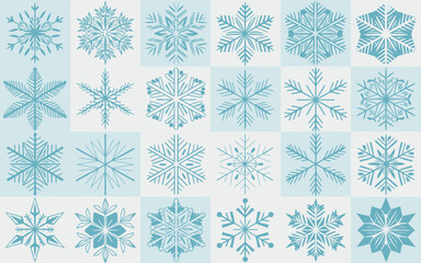 Collection of intricate blue and white snowflakes on a soft background