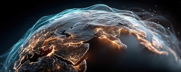 Global digital network concept with illuminated continents and flowing light trails around the globe glow
