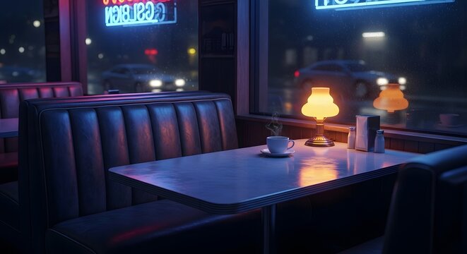 Neon-lit still: empty vinyl booth with vintage lamp and coffee cup, moody night-time street vibe — no human.