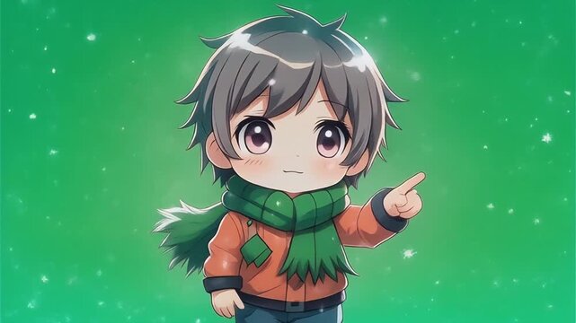 A charming, anime-style chibi character with a warm orange jacket and green scarf points to something interesting against a bokeh green background.
