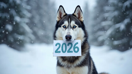 Dog with 2026 sign looking at camera in winter snow for new year new beginnings celebration
