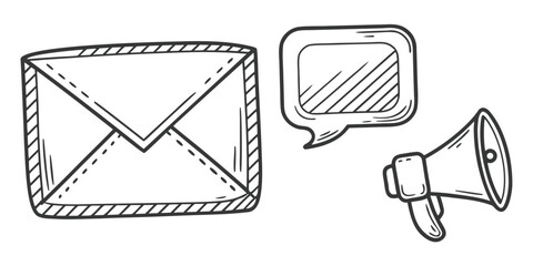 An envelope, a speech bubble, and a megaphone are drawn in a simple line art style.