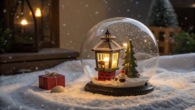 A miniature Christmas snowglobe with a lantern inside