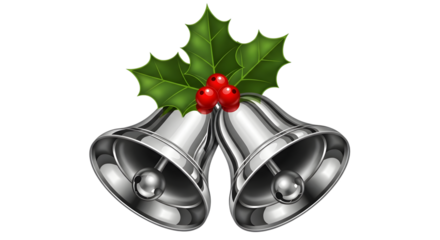 Silver christmas bells with holly isolated on transparent background for decoration