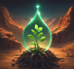 A single glowing green fuel drop touching soil and sprouting a tiny plant