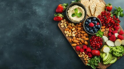 Vegan charcuterie board with nuts, fruits, crackers and hummus, plantbased eating, partyfriendly snack layout