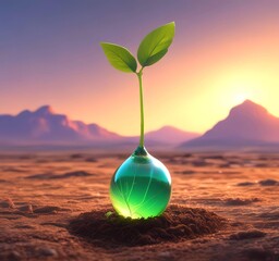 A single glowing green fuel drop touching soil and sprouting a tiny plant
