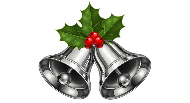 Silver christmas bells with holly isolated on transparent background for decoration - Powered by Adobe