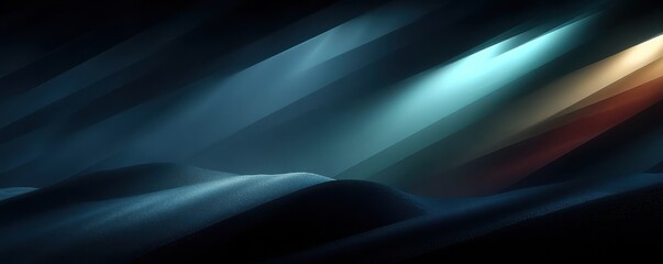 Dark blue dunes glow with diagonal light beams in a futuristic abstract landscape at night