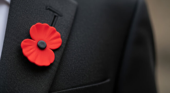 Remembrance Day tribute featuring red poppy on lapel of black suit, a solemn symbol honoring veterans and fallen soldiers. Remembrance Day is a poignant occasion for reflection and gratitude,
