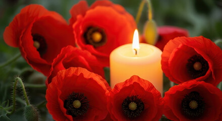 Remembrance Day arrangement with red poppies and candle, honoring fallen soldiers. Remembrance Day candle and flower display evokes somber reflection on sacrifices made.