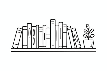 Hand drawn illustration of a bookshelf filled with books and a small potted plant
