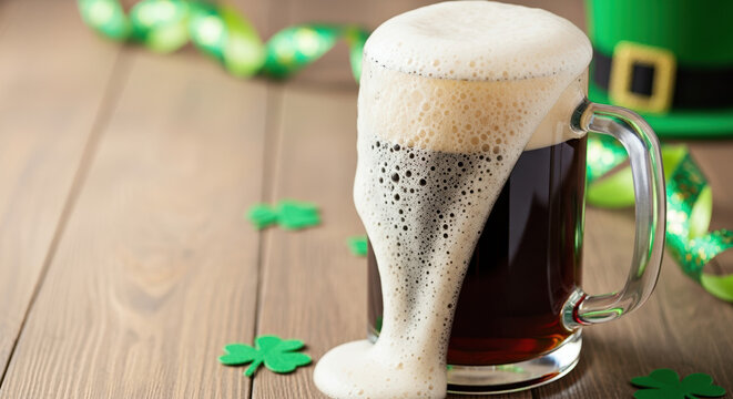 Festive St Patrick's Day celebration with stout beer in a glass mug on wooden table. St Patrick's Day gathering includes overflowing beer, green shamrocks, and leprechaun hat, - Powered by Adobe
