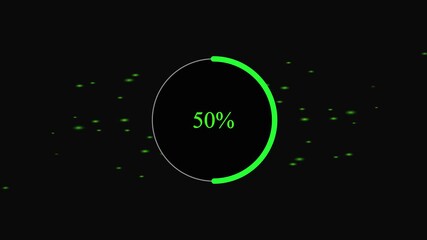 Circular progress bar at 0 to 100% percent with glowing green particles on a dark animation background . A circular progress bar gradually filling from 0 to 100 percent in polished dark animated - Powered by Adobe
