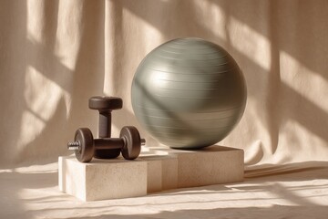 Fitness studio still life with dumbbell and stability ball on concrete blocks