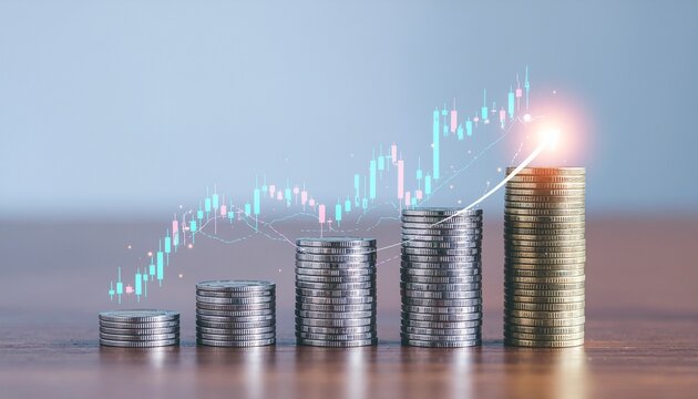 Financial growth concept featuring increasing stacks of coins with a glowing digital graph overlay. The upward trend line symbolizes profit, successful investment, and stock market gains. - Powered by Adobe
