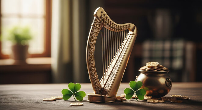 Festive St Patrick's Day scene featuring elegant gold harp, gold coins, and shamrocks on rustic wood. Capturing charm of St Patrick's Day, this enchanting image brings elements together.