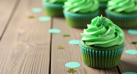 Saint Patrick's Day cupcakes with green frosting on wooden surface, St. Patrick's Day. These festive St. Patrick's Day cupcakes evoke holiday spirit. Enjoy St.