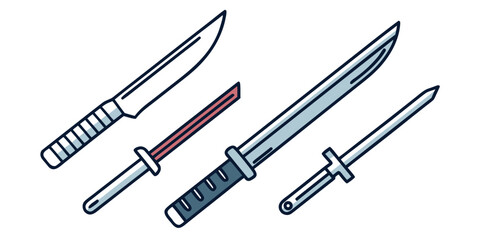 A collection of four knives and swords are displayed on a white background.