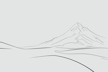 Minimalist sketch of a snow capped mountain range under a clear sky