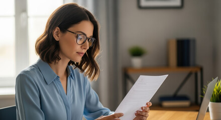 Examining social security documents, woman in blue blouse checks paperwork. Checking benefits and social security paperwork in home office, she confirms details.