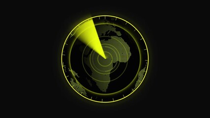 Yellow Digital Radar Screen Showing a Pix elated World Map with a Yellow Scan Line display globe animation. digital radar screen with a luminous yellow scanning line moving smoothly in animation. - Powered by Adobe