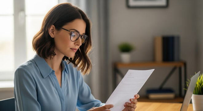 Examining social security documents, woman in blue blouse checks paperwork. Checking benefits and social security paperwork in home office, she confirms details.
