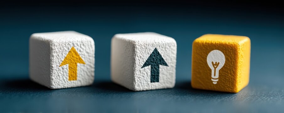 Three decorative foam cubes with up arrows and a light bulb symbolize growth, ideas, and upward momentum