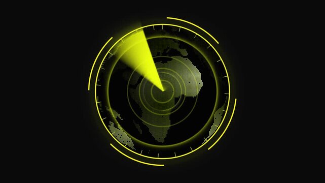 Yellow Digital Radar Screen with Pix elated World Map and Yellow Scan Line display globe animation.radar screen with a luminous yellow scanning line moving smoothly in animation for modern tech.