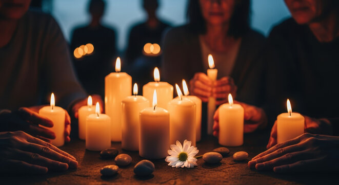Commemorating Suicide Loss Day with candle vigil and people gathering in memory. Suicide Loss Day evokes sympathy and solemn reflection as community unites, sharing moments of grief and hope.