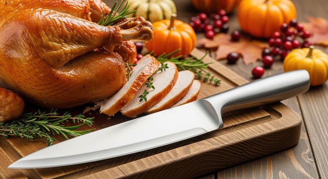 Carved Thanksgiving turkey centerpiece on wooden board with sharp knife, Thanksgiving celebration includes traditional roast turkey with autumn pumpkins and cranberry sauce, and rosemary garnish.