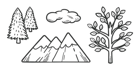Hand-drawn illustration of trees, mountains, and a cloud.
