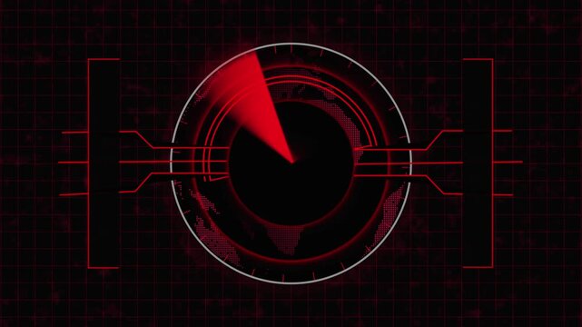 Advanced Red Radar System with World Map, Scan Beam, and Side Data Panels on Textured Grid animation. High-tech red radar display featuring a sweeping scan beam, world map, and interactive side data