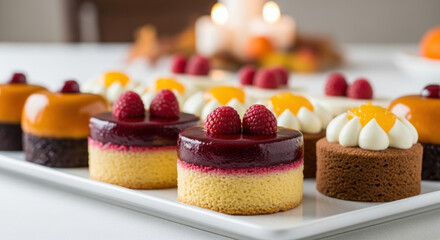 Thanksgiving pastries assortment features cakes with raspberry and mango toppings on platter. Thanksgiving day desserts offer a sweet ending to festive holiday dinner.