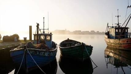 Fishing boats moored in calm water at sunrise.