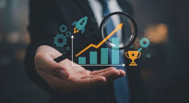 Businessman holding a rising bar graph, with icons of growth and success