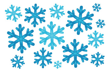 Fototapeta premium Collection of blue sparkling snowflakes on a white background
