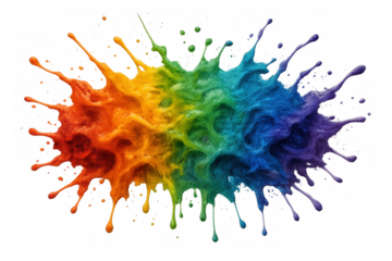Vibrant rainbow paint splash creating colorful liquid art explosion with dripping details, transparent background
