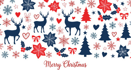 Christmas pattern with reindeer, trees, snowflakes, poinsettias, holly and hearts, festive holiday illustration, red and blue decorative seasonal design
