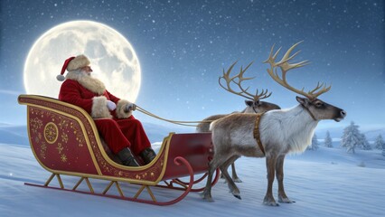 Fototapeta premium Santa Claus in Sleigh with Reindeer Under Full Moon in Snowy Winter Wonderland Scene