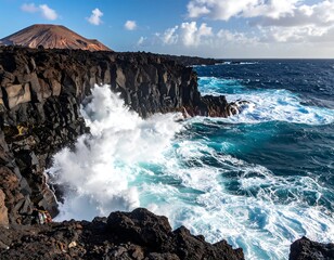Ocean waves crash against dark cliffs with a distant volcanic island visible under a blue sky, sunlight illuminating the scene