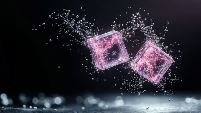 Two translucent pink cubes with internal crystalline structures are suspended in the air, surrounded by a dynamic splash of water droplets.