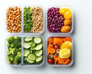 Meal prep containers filled with plantbased lunches and snacks, plantbased eating, productivity and wellness theme