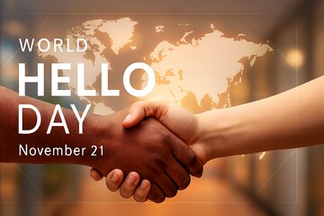 World hello day november 21st diverse hands shaking in friendship