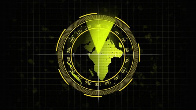 Yellow Radar Display with Pix elated Earth, Gradients, and Angle Markings on Dark Grid animated.Radar display with pixel Earth, gradient overlays, angle markers, and animated dark grid interface.