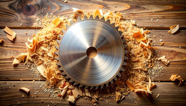 Overhead shot displays a metallic circular saw blade atop a bed of wood shavings on a wooden surface, highlighting carpentry
