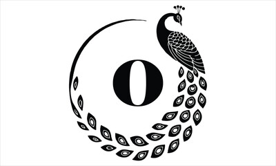 Letter O logo with a stylized peacock silhouette on bird
